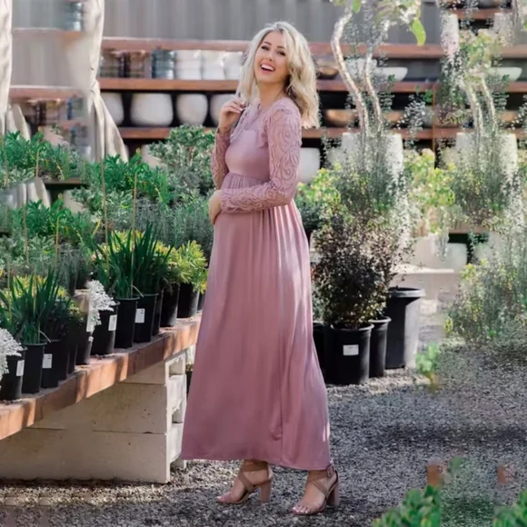 Pinkblush Mauve Lace Sleeve Maxi Dress - Picture 1 of 13